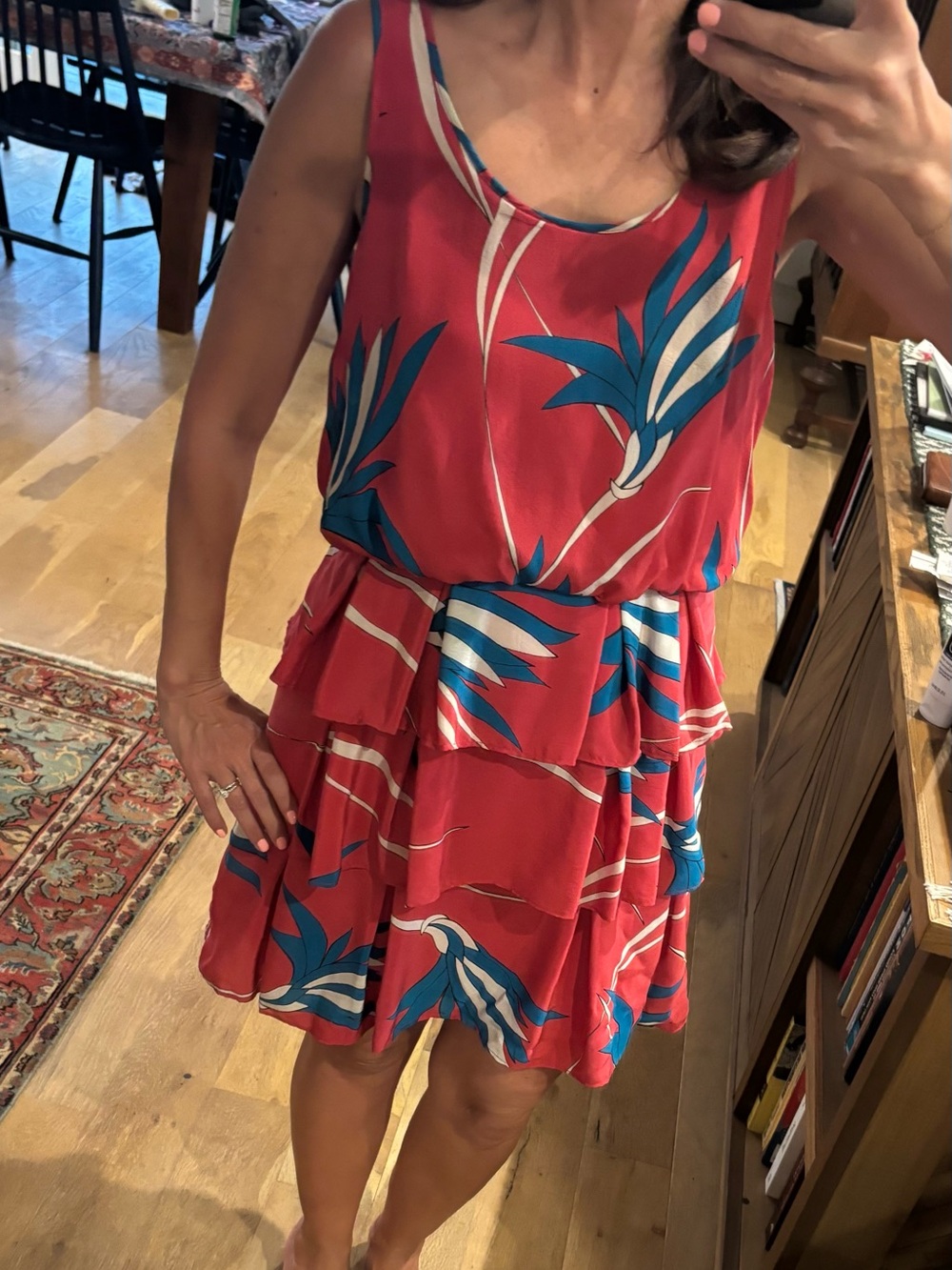 Red Tropical Tiered Mini Dress with Blue Leaf Print